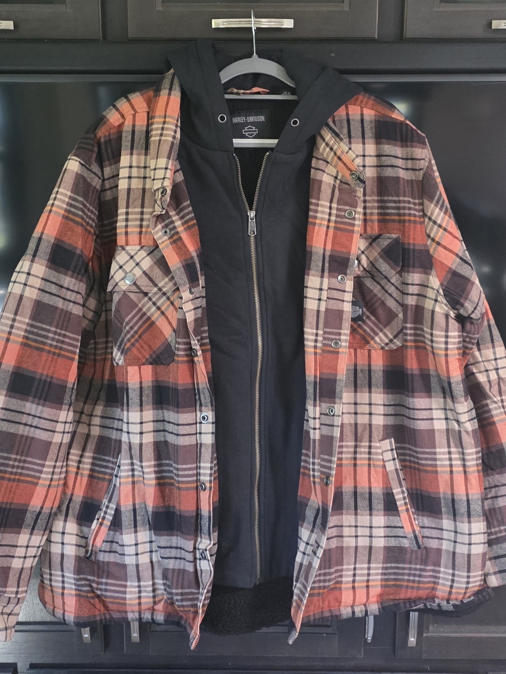 Harley-Davidson Men’s Black & Orange Plaid Hooded Jacket